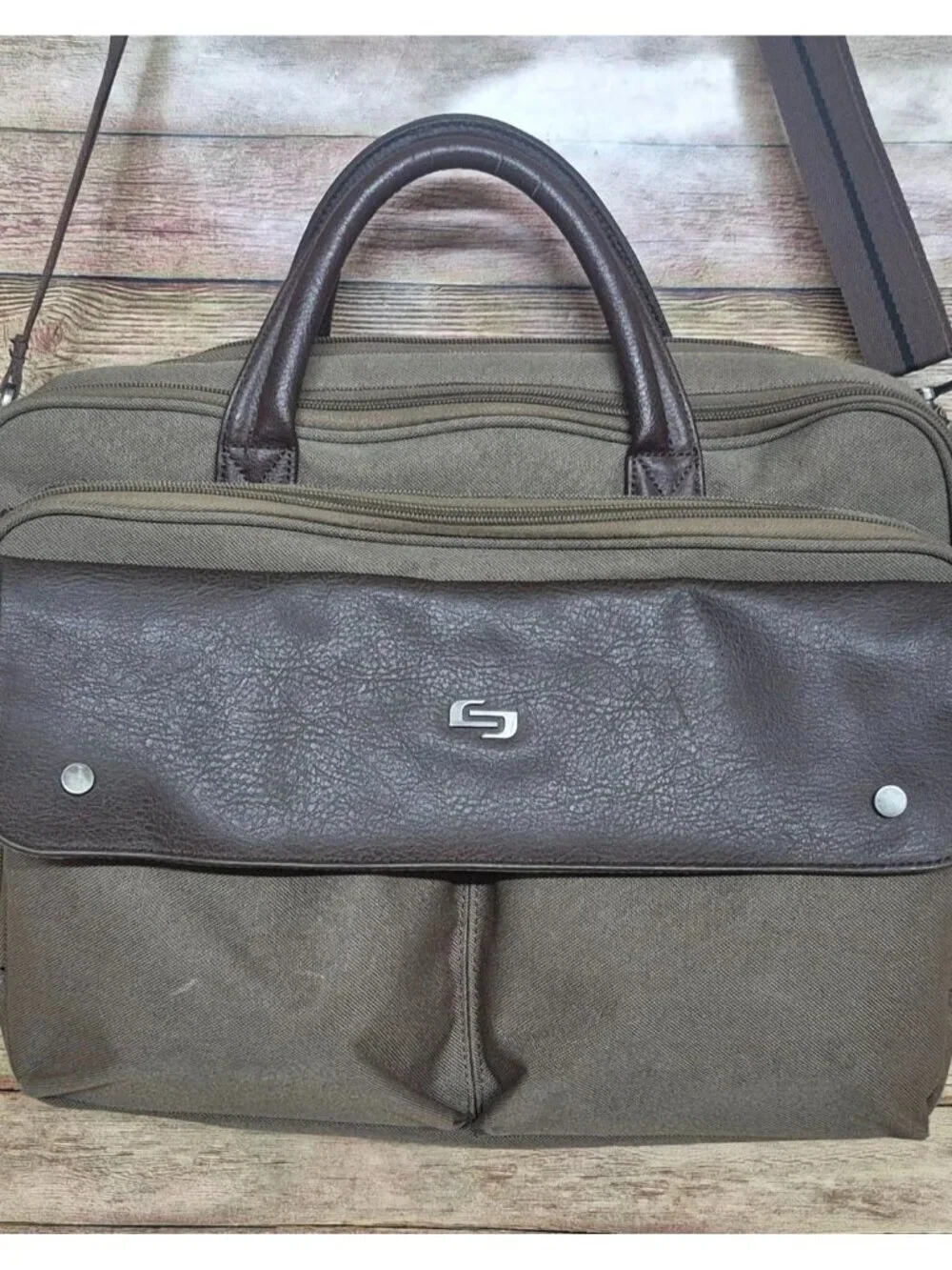 SOLO Green Canvas Brown Briefcase Laptop Case Messenger Bag Multi-Pocket